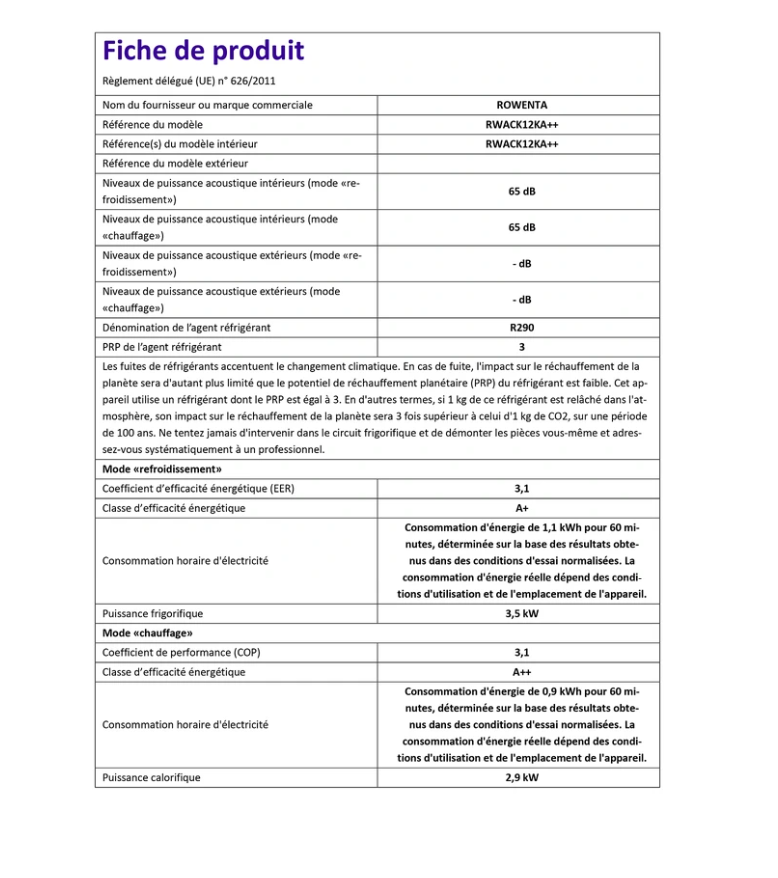 Condizionatore d'aria portatile reversibile Rowenta RWAC12KA++ – Classe A+/A++, R290, 5 funzioni