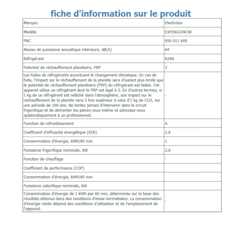 Aire acondicionado portátil Electrolux EXP26U339CW Comfort 600 – 2600 W, Clase A, R290, 64 dB