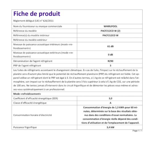 Condizionatore portatile Whirlpool PACF212CO W – 12000 BTU, Classe A, R290, 6° Senso