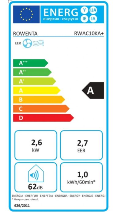 Aire Acondicionado Portátil Rowenta RWAC10KA+ – 10000 BTU, Clase A, 4 Funciones, 62 dB